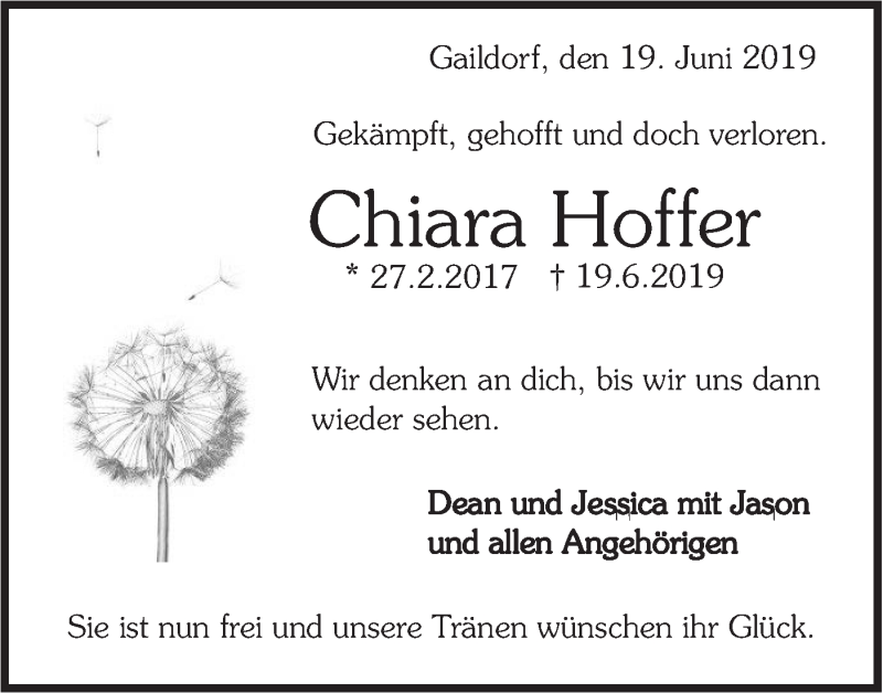  Traueranzeige für Chiara Hoffer vom 26.06.2019 aus Rundschau Gaildorf