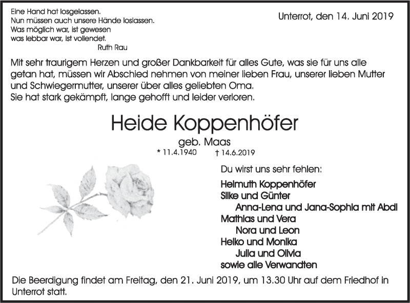  Traueranzeige für Heide Koppenhöfer vom 19.06.2019 aus Haller Tagblatt