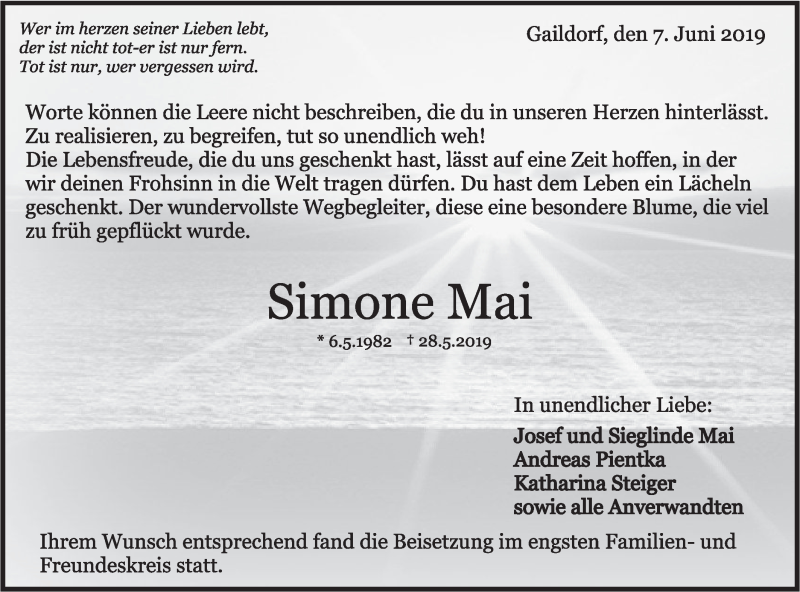  Traueranzeige für Simone Mai vom 08.06.2019 aus Rundschau Gaildorf