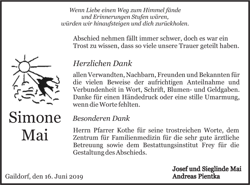  Traueranzeige für Simone Mai vom 15.06.2019 aus Rundschau Gaildorf