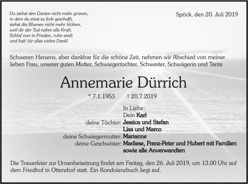  Traueranzeige für Annemarie Dürrich vom 24.07.2019 aus Rundschau Gaildorf