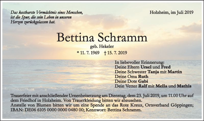  Traueranzeige für Bettina Schramm vom 18.07.2019 aus NWZ Neue Württembergische Zeitung