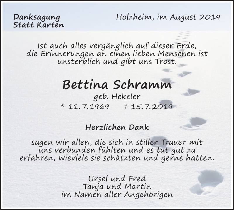  Traueranzeige für Bettina Schramm vom 02.08.2019 aus NWZ Neue Württembergische Zeitung