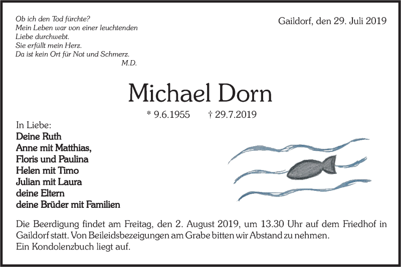 Traueranzeige für Michael Dorn vom 31.07.2019 aus Rundschau Gaildorf