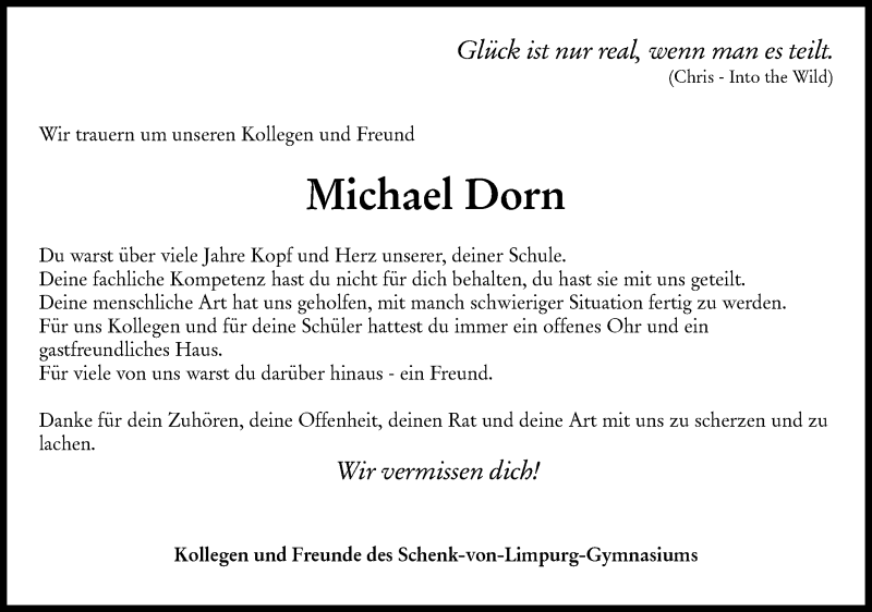  Traueranzeige für Michael Dorn vom 01.08.2019 aus Rundschau Gaildorf