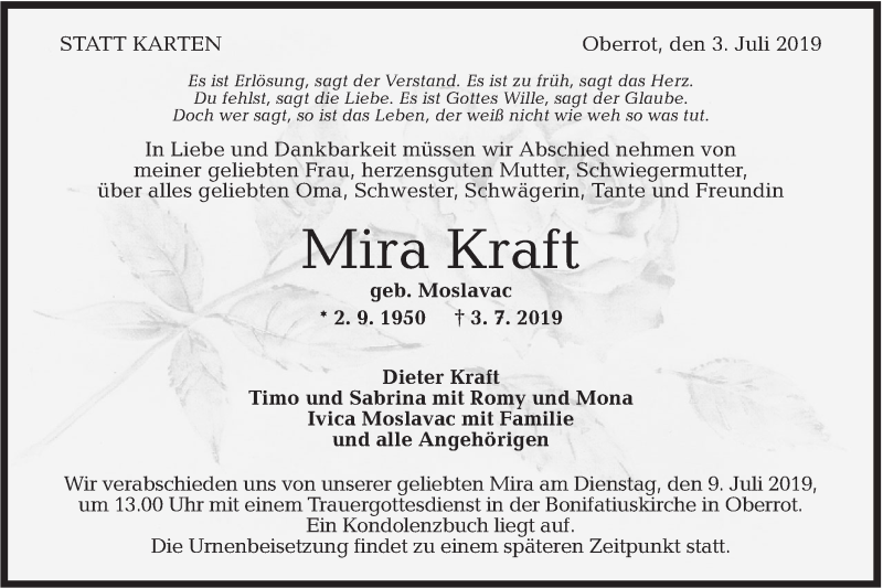  Traueranzeige für Mira Kraft vom 06.07.2019 aus Rundschau Gaildorf