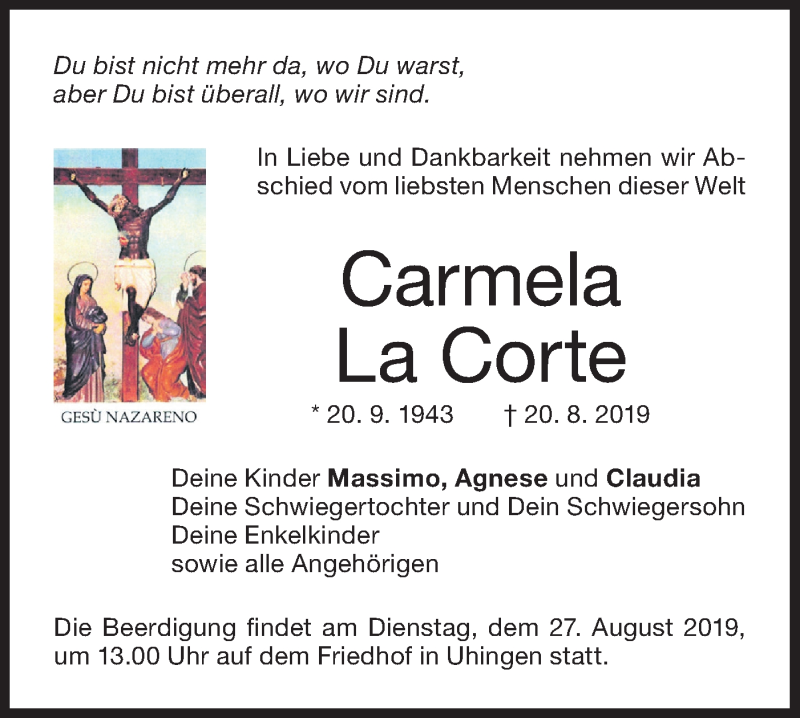  Traueranzeige für Carmela La Corte vom 24.08.2019 aus NWZ Neue Württembergische Zeitung