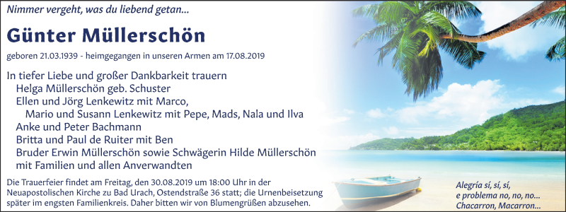  Traueranzeige für Günter Müllerschön vom 24.08.2019 aus Metzinger-Uracher Volksblatt