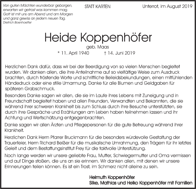  Traueranzeige für Heide Koppenhöfer vom 10.08.2019 aus Rundschau Gaildorf