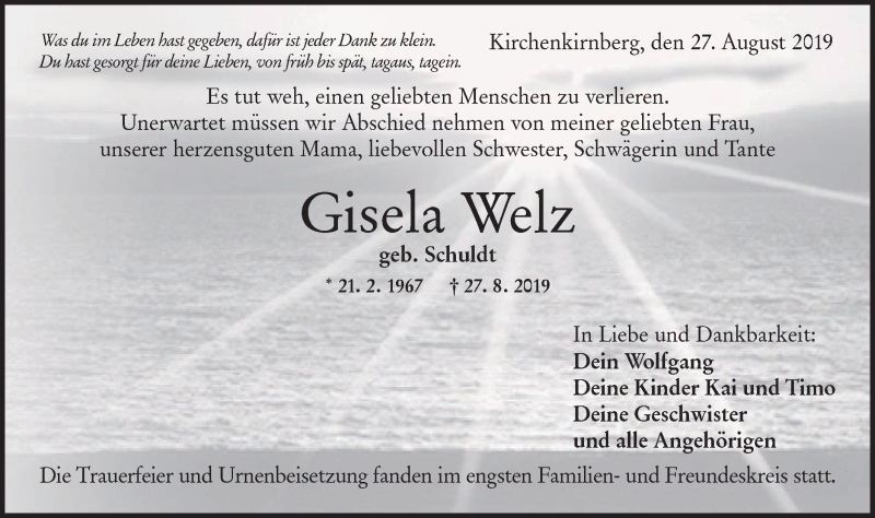  Traueranzeige für Gisela Welz vom 09.09.2019 aus Rundschau Gaildorf