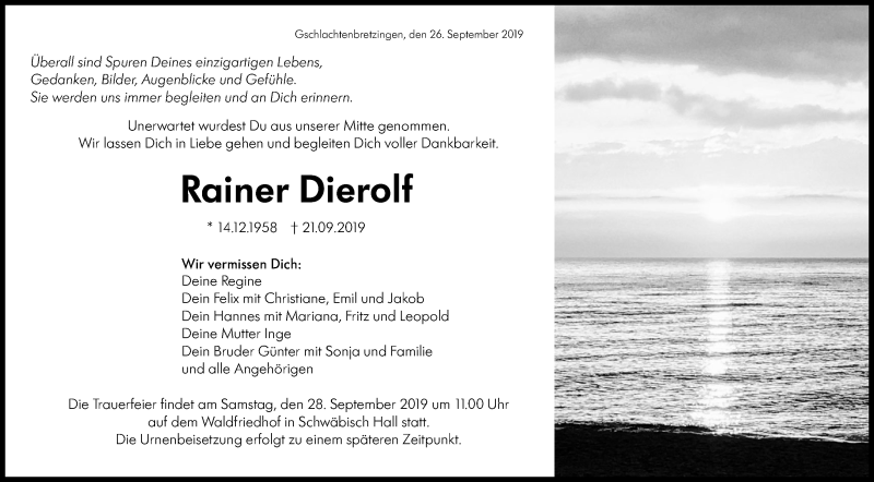  Traueranzeige für Rainer Dierolf vom 26.09.2019 aus Haller Tagblatt