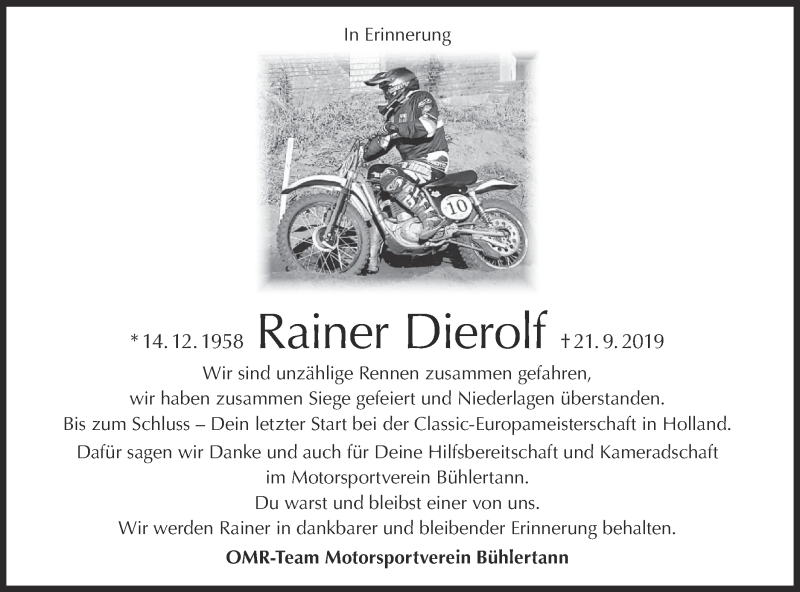  Traueranzeige für Rainer Dierolf vom 28.09.2019 aus Haller Tagblatt