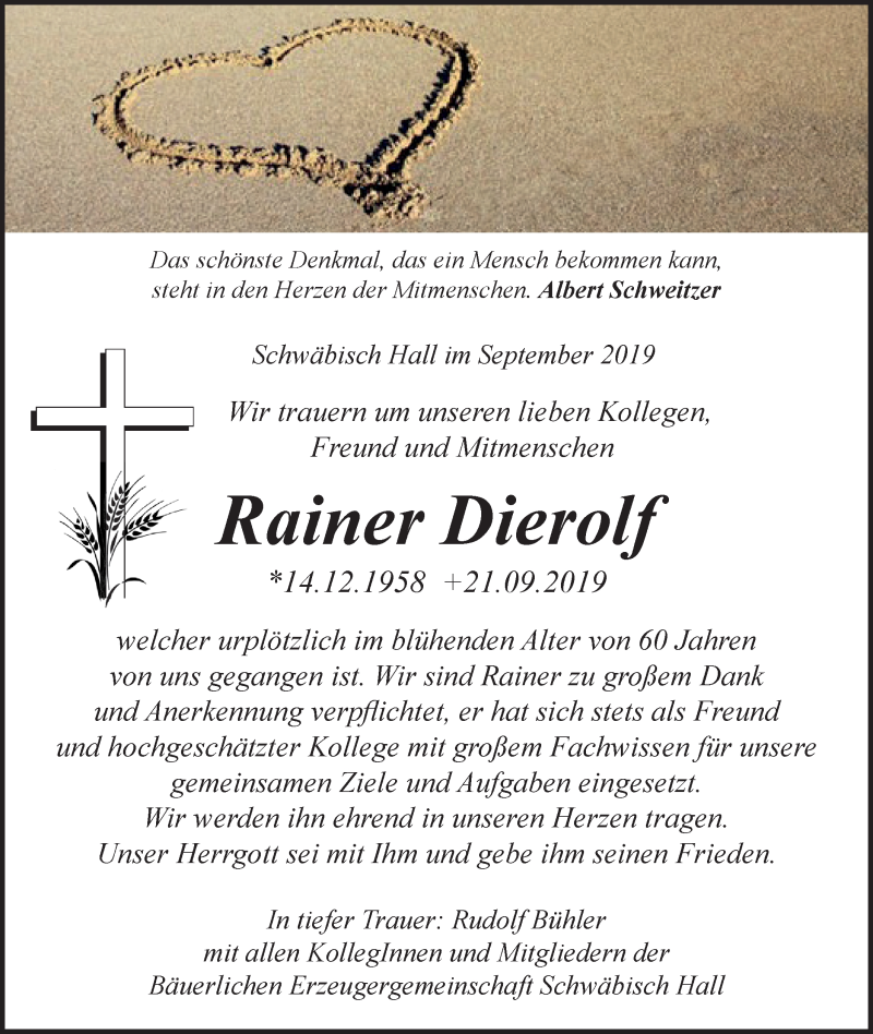  Traueranzeige für Rainer Dierolf vom 26.09.2019 aus Rundschau Gaildorf