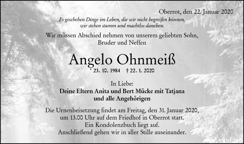  Traueranzeige für Angelo Ohnmeiß vom 29.01.2020 aus Rundschau Gaildorf