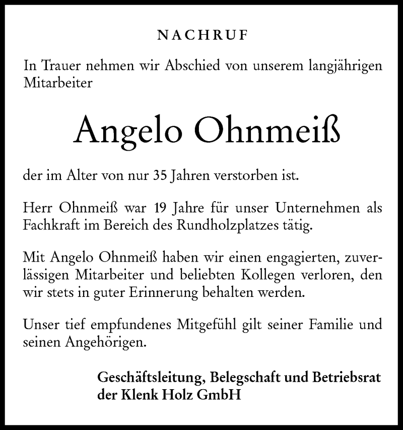  Traueranzeige für Angelo Ohnmeiß vom 29.01.2020 aus Rundschau Gaildorf