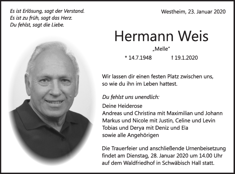  Traueranzeige für Hermann Weis vom 23.01.2020 aus Haller Tagblatt