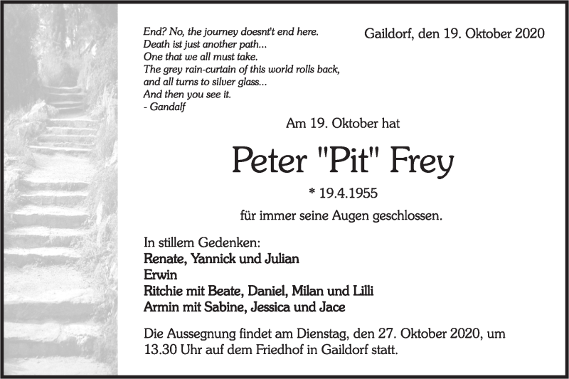  Traueranzeige für Peter Frey vom 24.10.2020 aus Rundschau Gaildorf