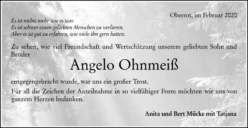  Traueranzeige für Angelo Ohnmeiß vom 19.02.2020 aus Rundschau Gaildorf