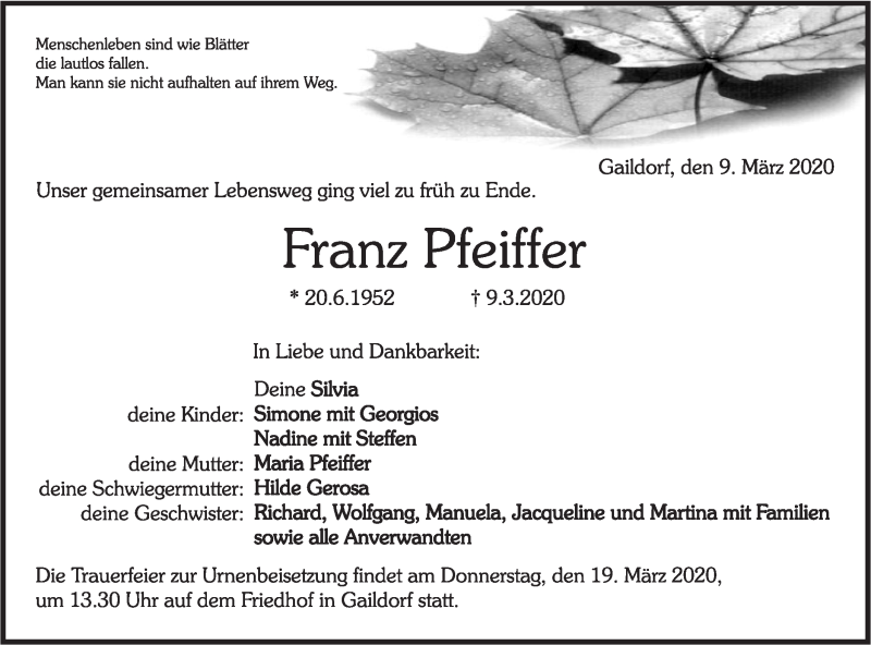  Traueranzeige für Franz Pfeiffer vom 17.03.2020 aus Rundschau Gaildorf