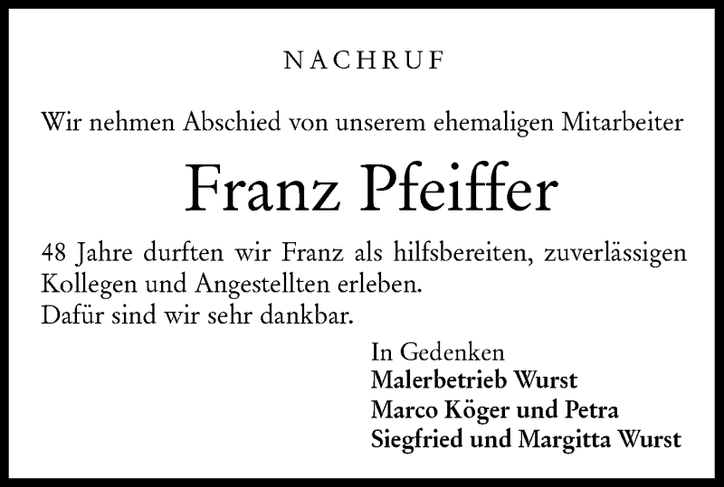  Traueranzeige für Franz Pfeiffer vom 20.03.2020 aus Rundschau Gaildorf