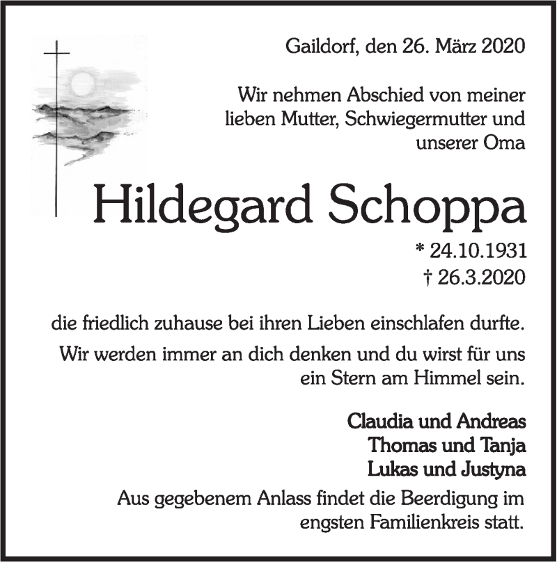  Traueranzeige für Hildegard Schoppa vom 01.04.2020 aus Rundschau Gaildorf