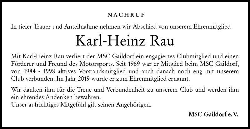  Traueranzeige für Karl-Heinz Rau vom 26.03.2020 aus Rundschau Gaildorf