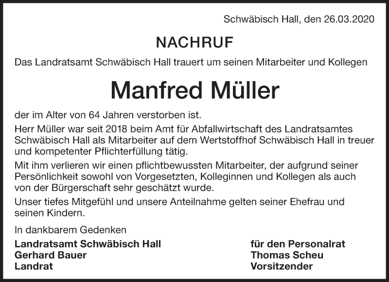  Traueranzeige für Manfred Müller vom 26.03.2020 aus Rundschau Gaildorf