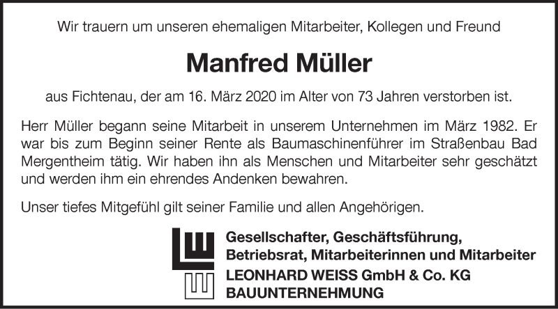  Traueranzeige für Manfred Müller vom 19.03.2020 aus Hohenloher Tagblatt