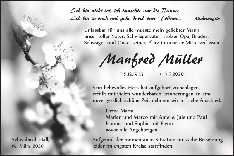  Traueranzeige für Manfred Müller vom 19.03.2020 aus Haller Tagblatt