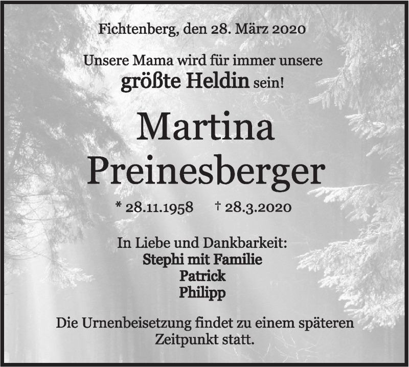  Traueranzeige für Martina Preinesberger vom 01.04.2020 aus Rundschau Gaildorf