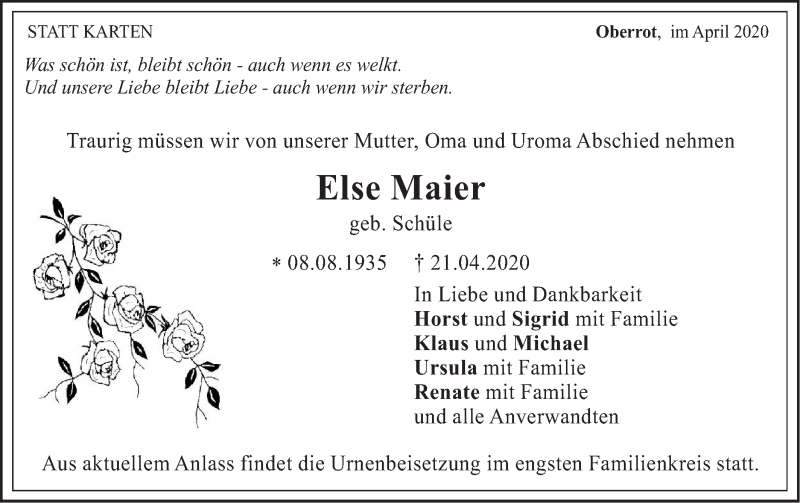  Traueranzeige für Else Maier vom 25.04.2020 aus Rundschau Gaildorf