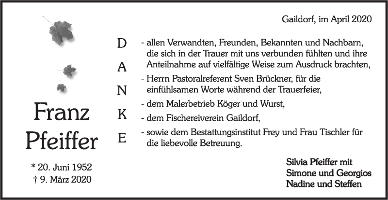  Traueranzeige für Franz Pfeiffer vom 04.04.2020 aus Rundschau Gaildorf
