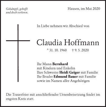 Traueranzeige von Claudia Hoffmann von NWZ Neue Württembergische Zeitung