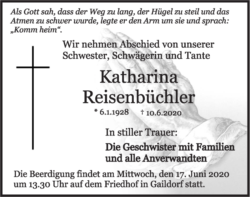  Traueranzeige für Katharina Reisenbüchler vom 15.06.2020 aus Rundschau Gaildorf