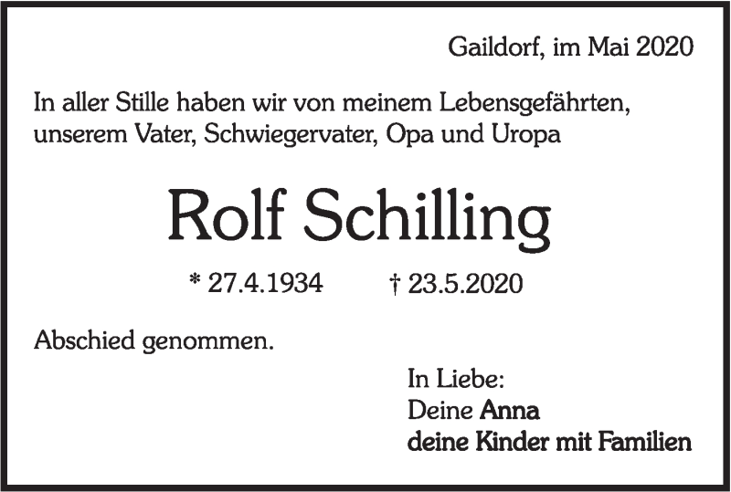  Traueranzeige für Rolf Schilling vom 03.06.2020 aus Rundschau Gaildorf