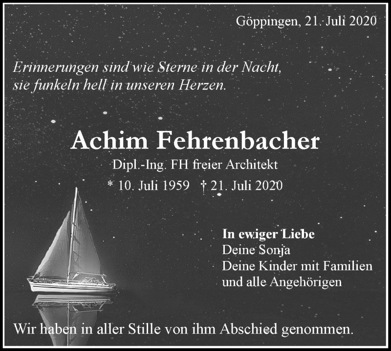  Traueranzeige für Achim Fehrenbacher vom 01.08.2020 aus NWZ Neue Württembergische Zeitung