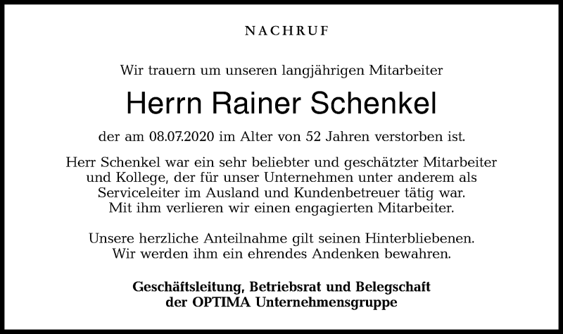  Traueranzeige für Rainer Schenkel vom 14.07.2020 aus Haller Tagblatt