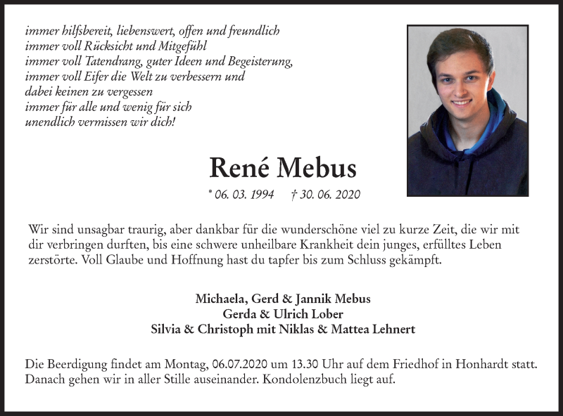  Traueranzeige für Rene Mebus vom 04.07.2020 aus Hohenloher Tagblatt