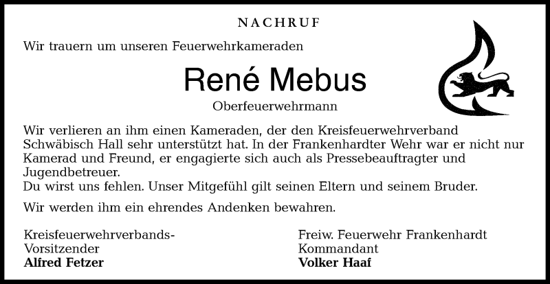  Traueranzeige für Rene Mebus vom 08.07.2020 aus Hohenloher Tagblatt