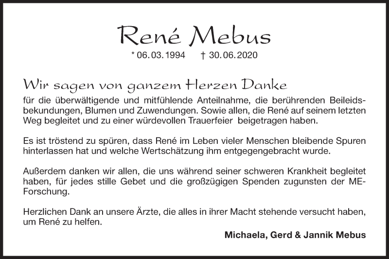  Traueranzeige für Rene Mebus vom 01.08.2020 aus Hohenloher Tagblatt