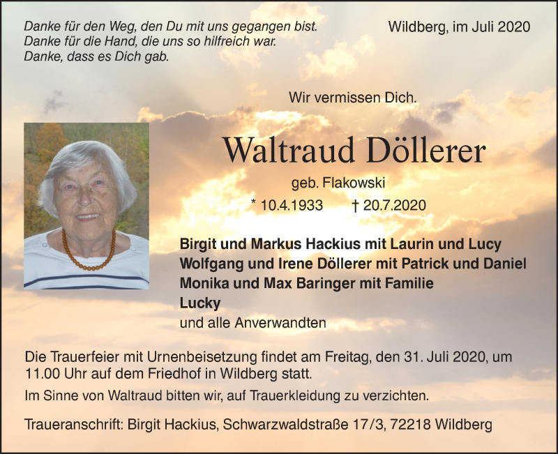  Traueranzeige für Waltraud Döllerer vom 25.07.2020 aus Rundschau Gaildorf