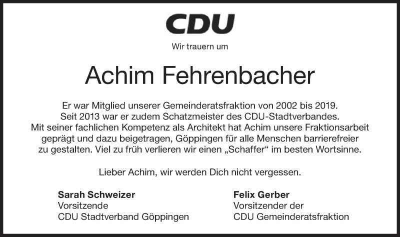  Traueranzeige für Achim Fehrenbacher vom 08.08.2020 aus NWZ Neue Württembergische Zeitung