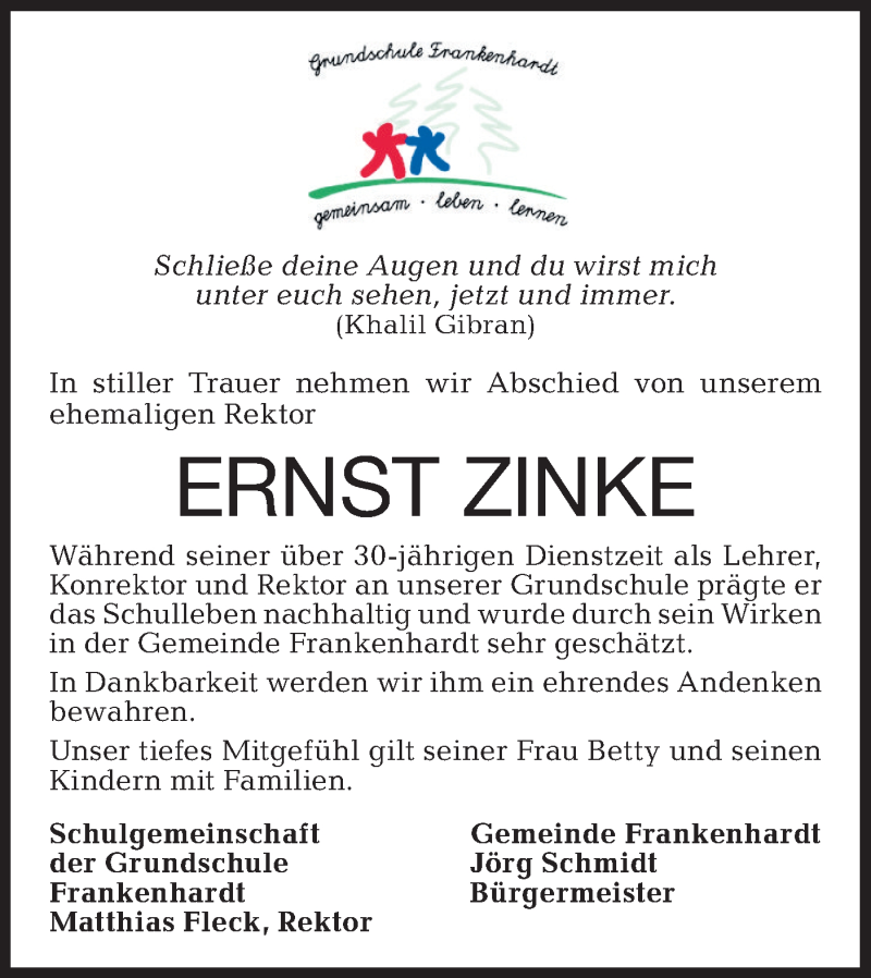  Traueranzeige für Ernst Zinke vom 07.08.2020 aus Hohenloher Tagblatt