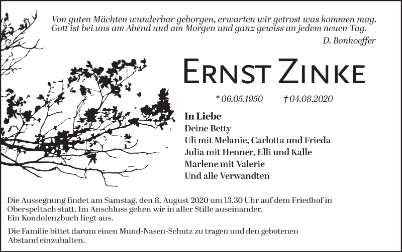  Traueranzeige für Ernst Zinke vom 06.08.2020 aus Hohenloher Tagblatt