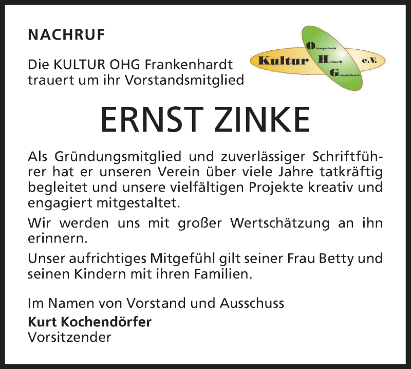  Traueranzeige für Ernst Zinke vom 08.08.2020 aus Hohenloher Tagblatt