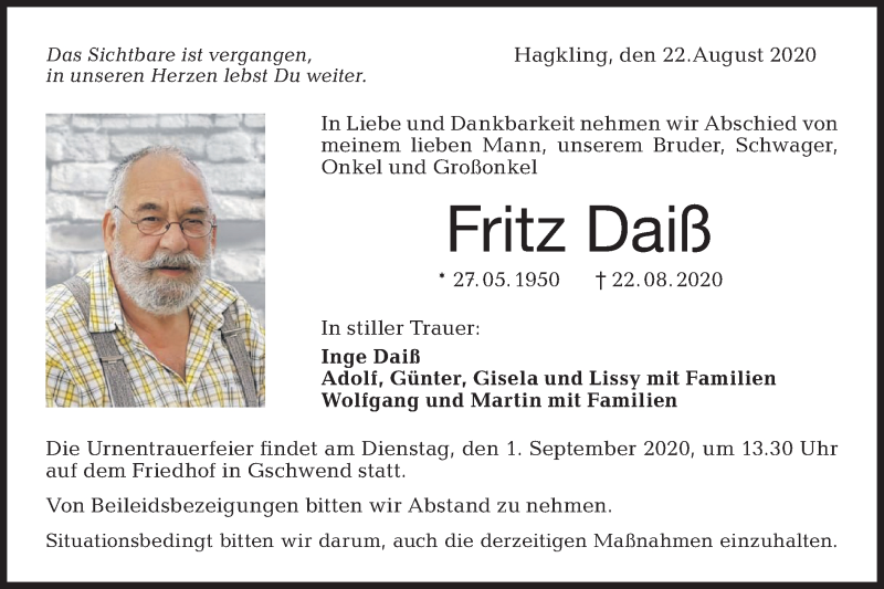  Traueranzeige für Fritz Daiß vom 29.08.2020 aus Rundschau Gaildorf