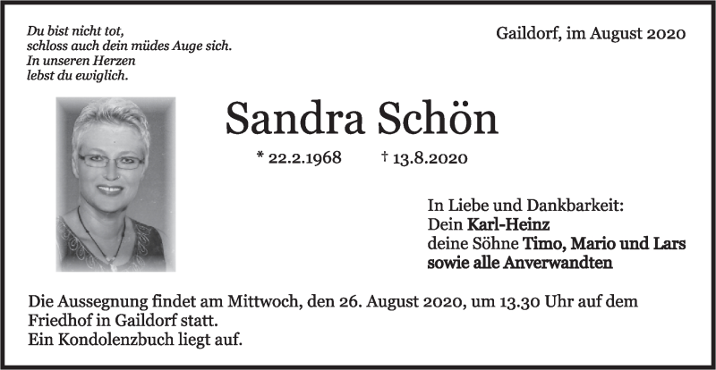  Traueranzeige für Sandra Schön vom 22.08.2020 aus Rundschau Gaildorf
