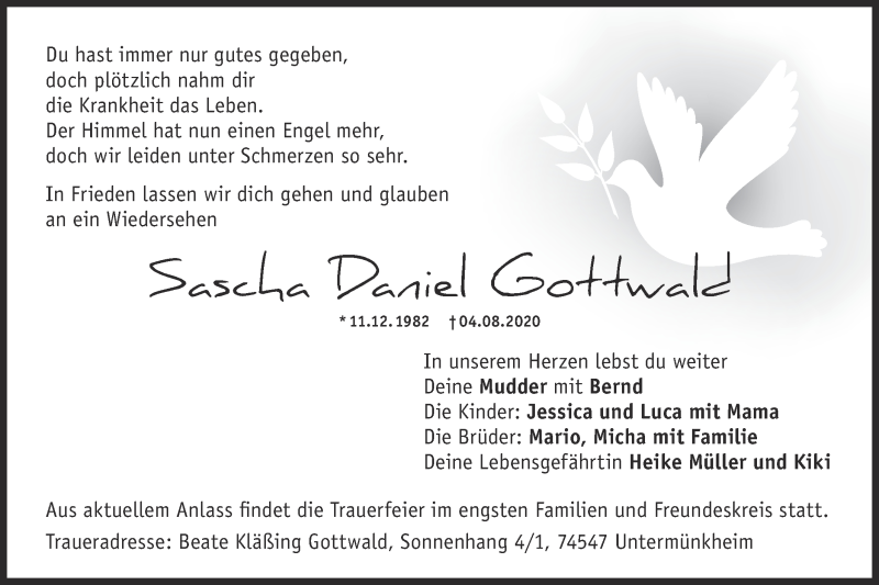  Traueranzeige für Sascha Daniel Gottwald vom 08.08.2020 aus Haller Tagblatt