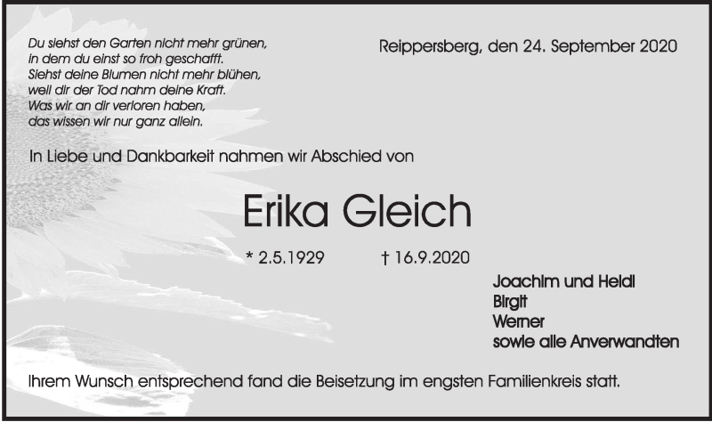  Traueranzeige für Erika Gleich vom 25.09.2020 aus Rundschau Gaildorf