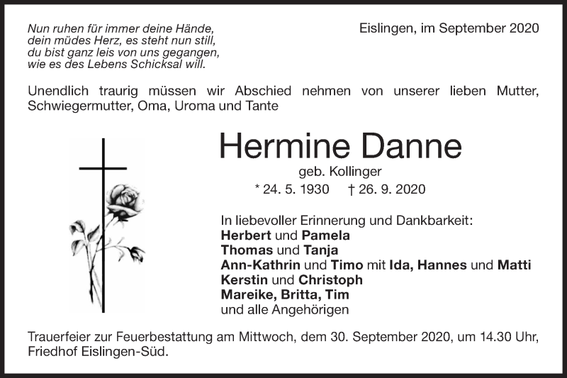  Traueranzeige für Hermine Danne vom 29.09.2020 aus NWZ Neue Württembergische Zeitung